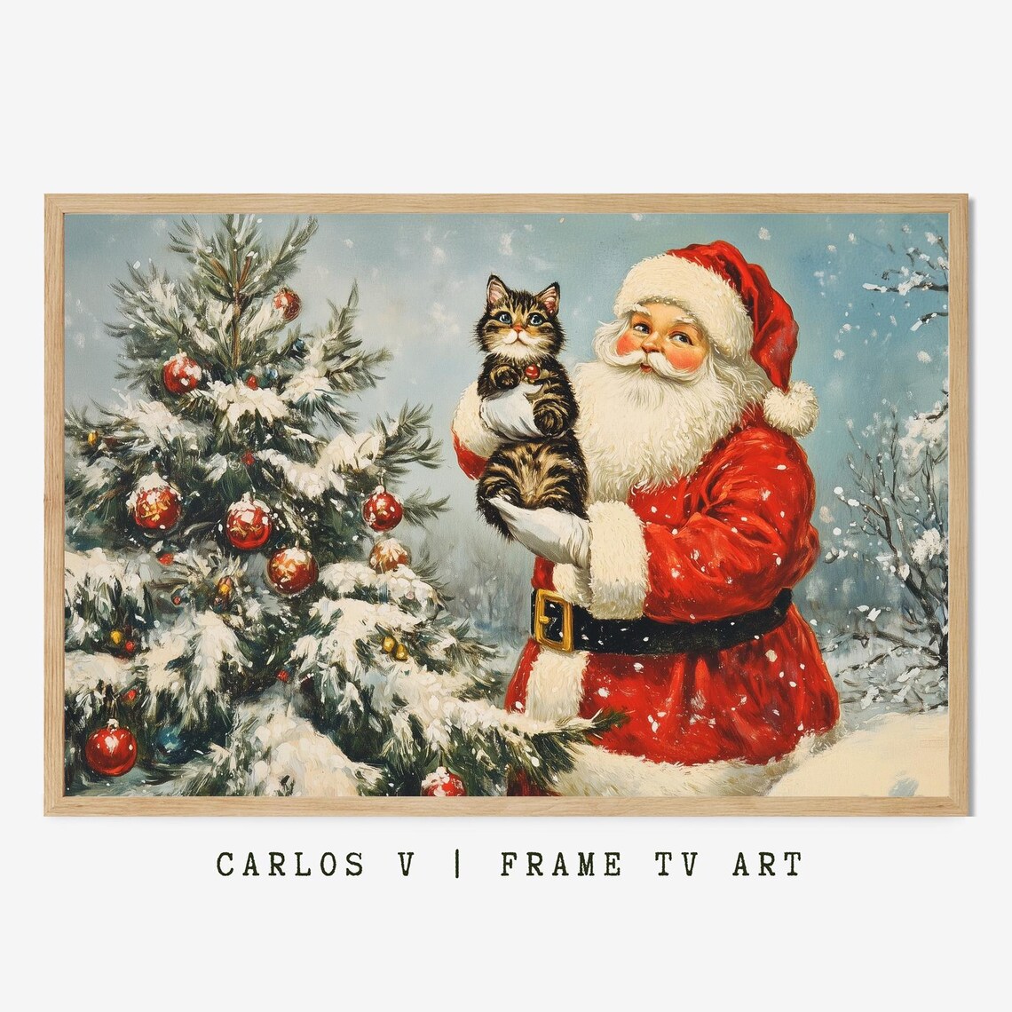 Santa And Cat By Christmas Tree, Winter Cat Illustration