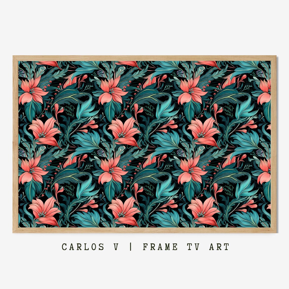 Coral Tropical Blooms With Teal Leaves Dark Exotic Flower Poster