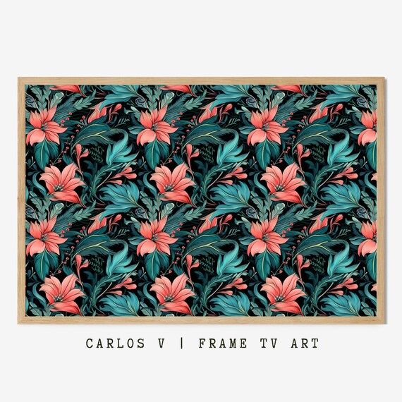 Coral And Teal Tropical Blooms Tv Frame Art Floral Botanical Themed Flowers Illustration Instant Hd 300dpi