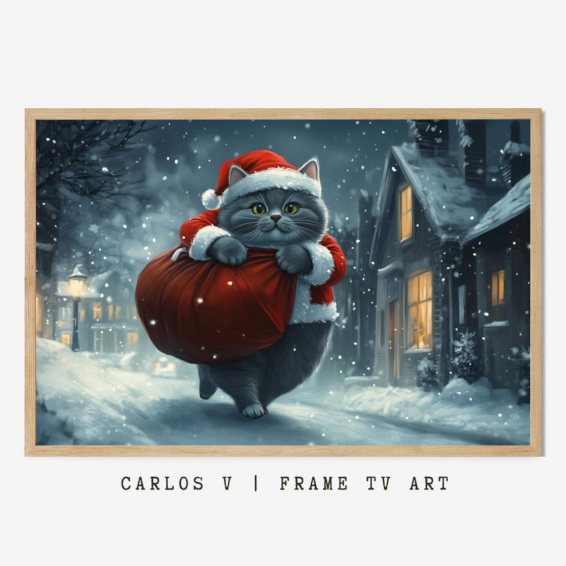 Santa Cat Hugging A Giant Red Gift Sack In A Snowy Town Poster