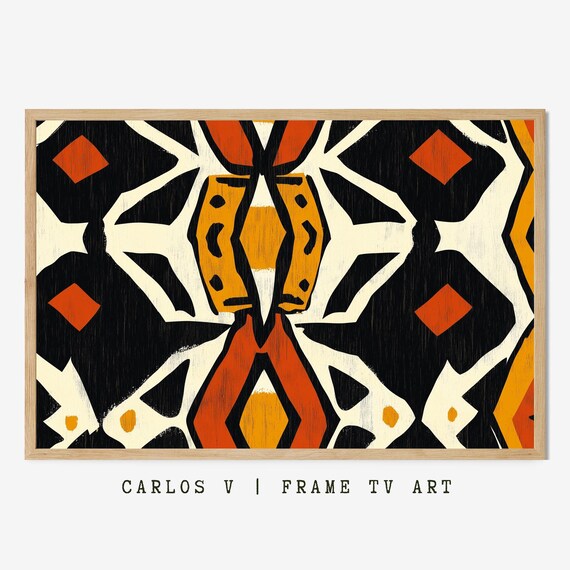 Symmetrical Geometric Abstract Orange And Black Tv Frame Art Tribal Themed Illustration Instant Hd 300dpi