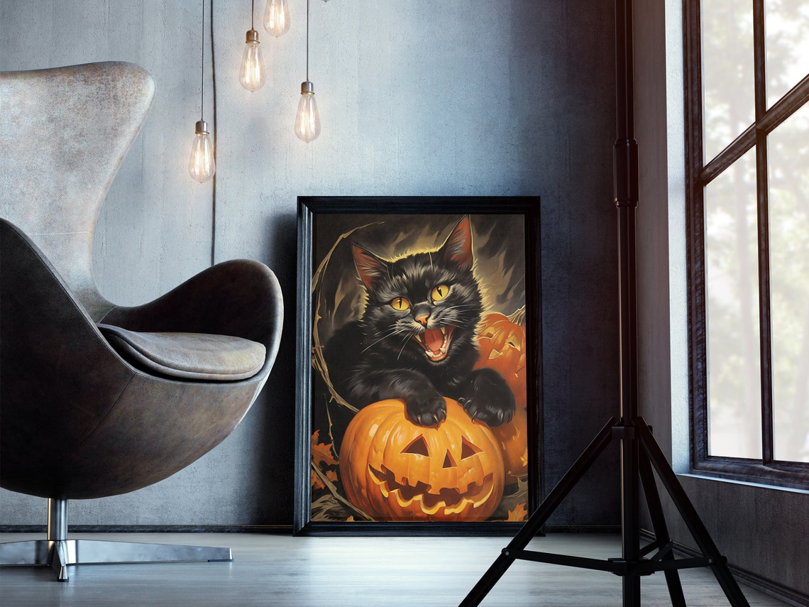 Spooky Black Cat With Jack O Lanterns Halloween Night Poster
