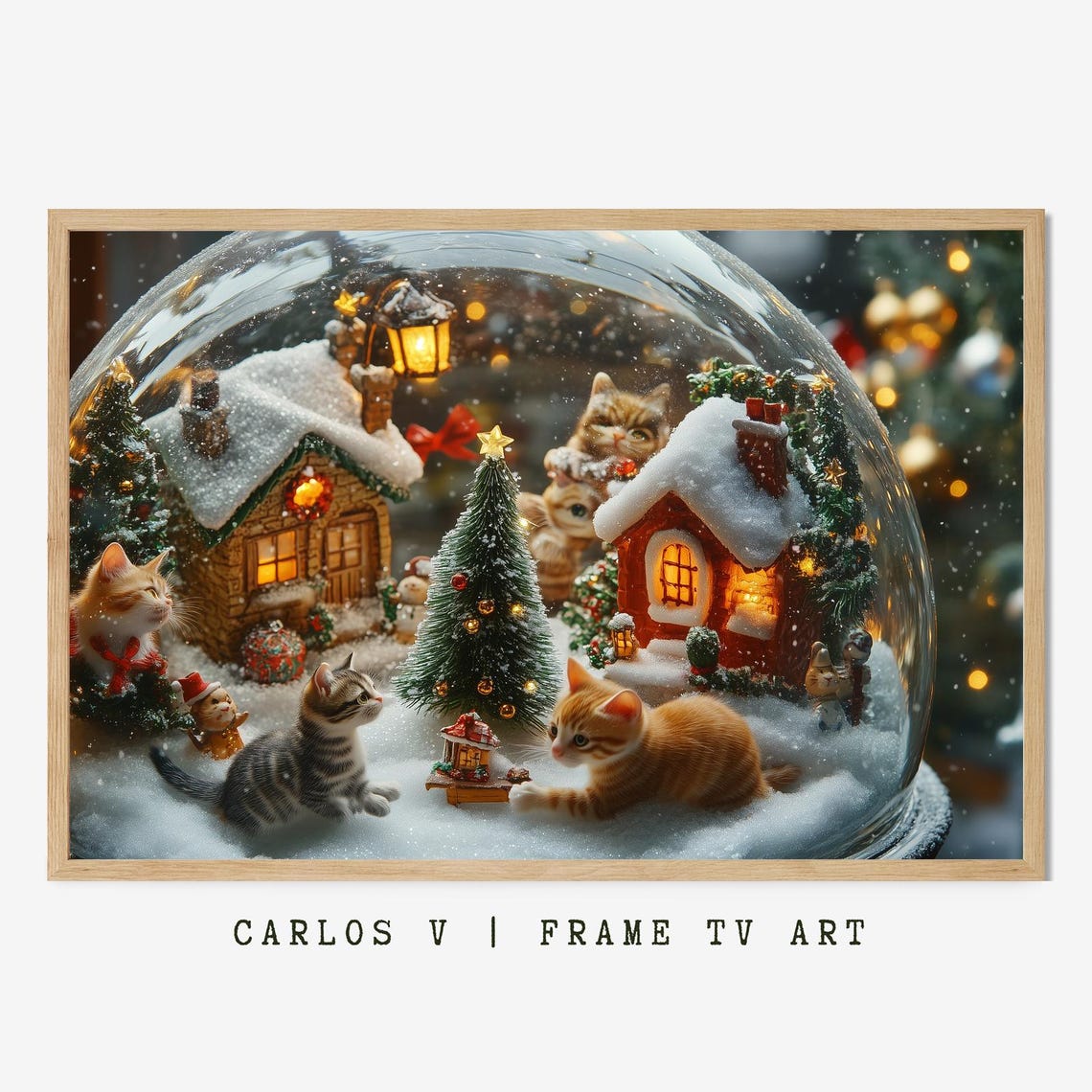 Cats Playing Inside A Christmas Snow Globe With Tiny Village Poster