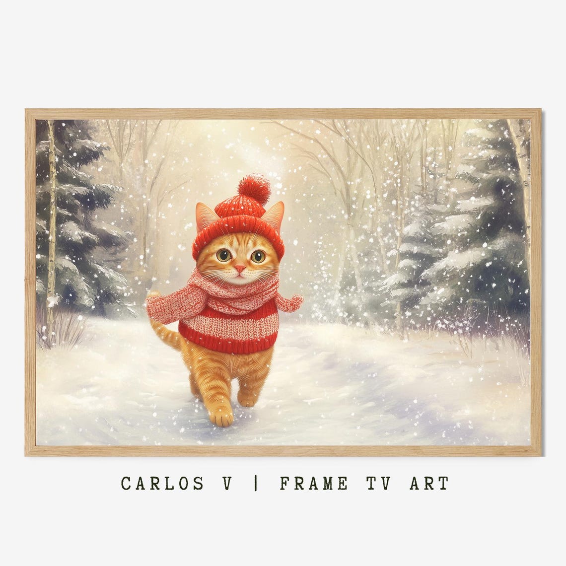 Orange Tabby Kitten in Red Winter Knitwear Walking in Snow Poster