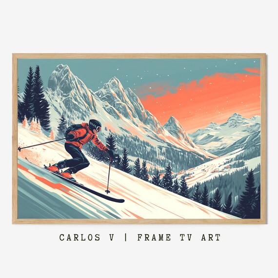 Skier Carving Down Slope Beneath Fiery Orange Sunset Sky Poster