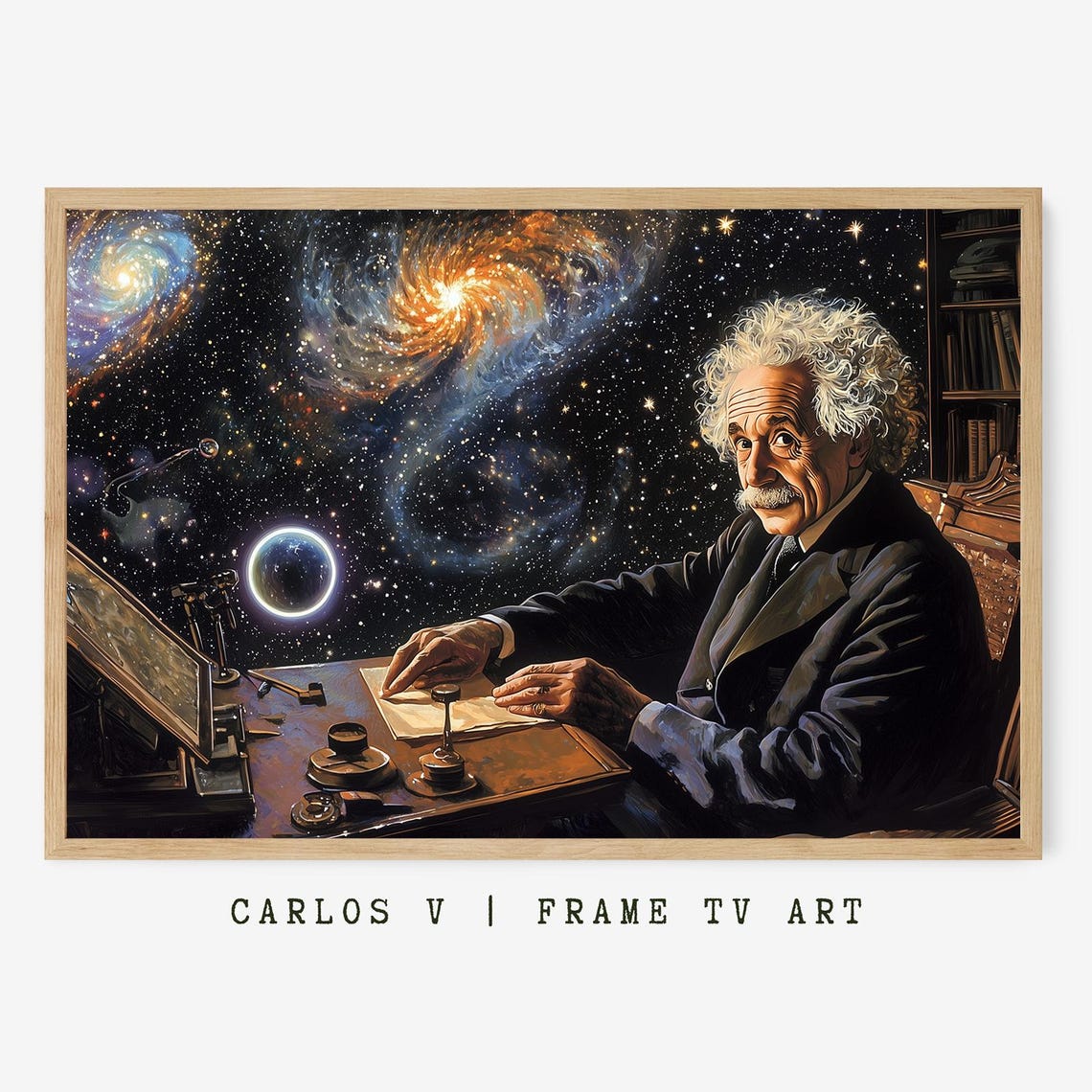 Albert Einstein Working At His Desk Beneath Galaxy Sky Poster