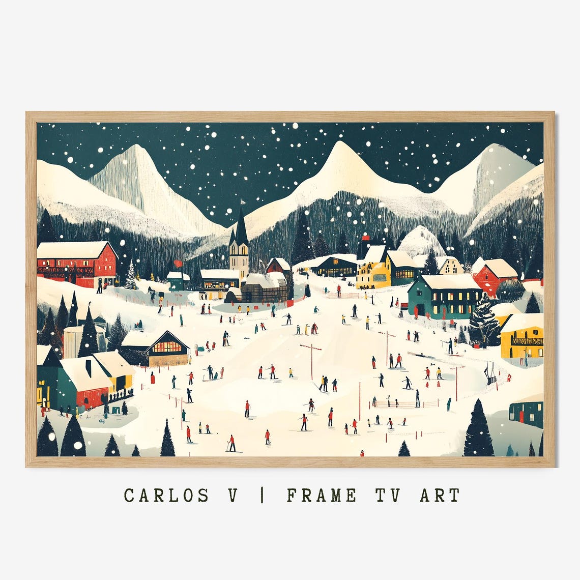 Vibrant Night Ski Resort Village Snowfall Alpine Town Art Poster