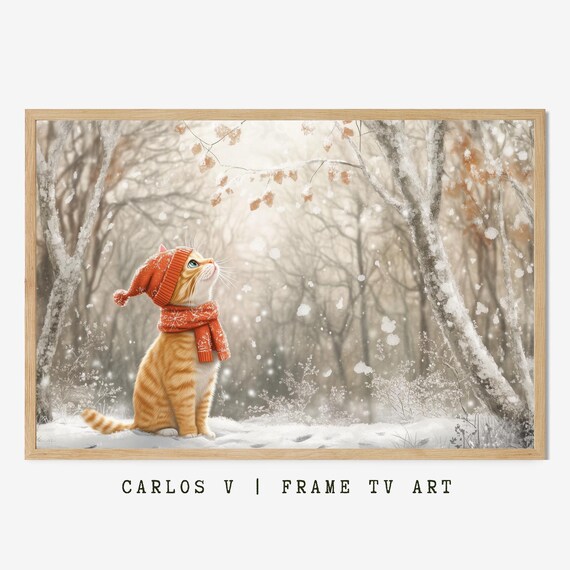 Orange Kitten in Rust Knit Hat and Scarf in Birch Forest Poster