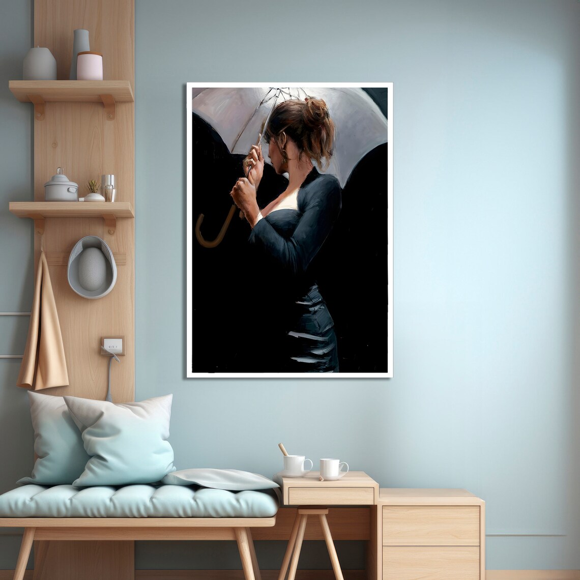 Elegant Woman in Black Dress Holding Umbrella, Modern Art Print - Image 3