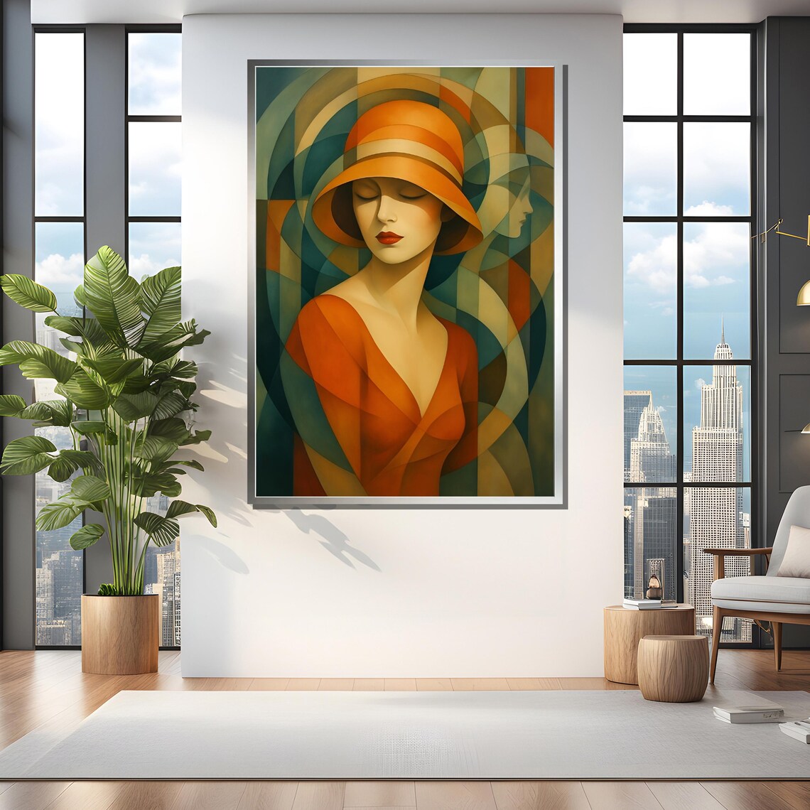 Art Deco Woman in Orange Hat Geometric Portrait Painting Poster - Image 4
