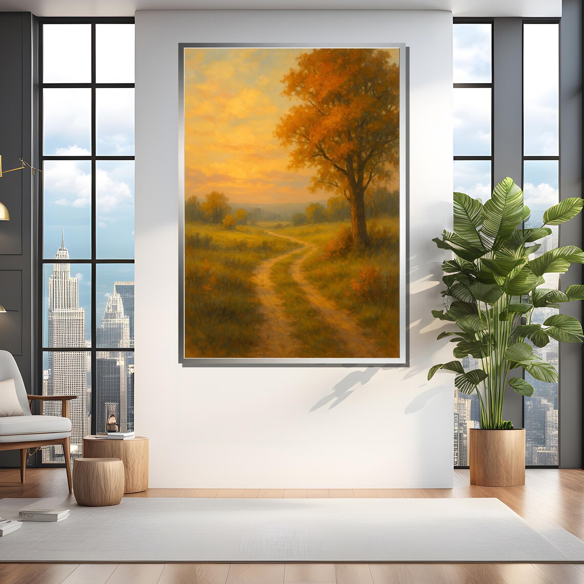 Serene Countryside Path Painting, Tranquil Landscape - Image 4