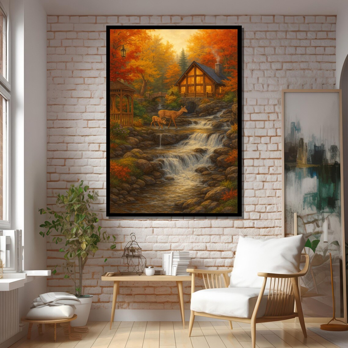 Cabin By Waterfall With Deer, Autumn Forest Art Print - Image 5
