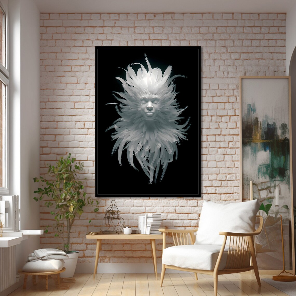 Ethereal Feathered Face Painting, Surreal Modern Art - Image 2
