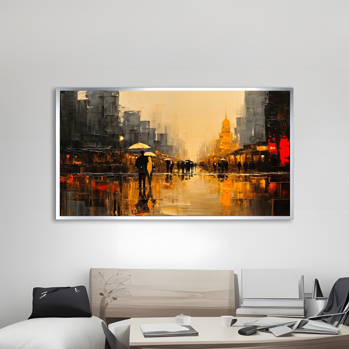 Abstract Cityscape Painting, Rainy Street Scene - Image 3