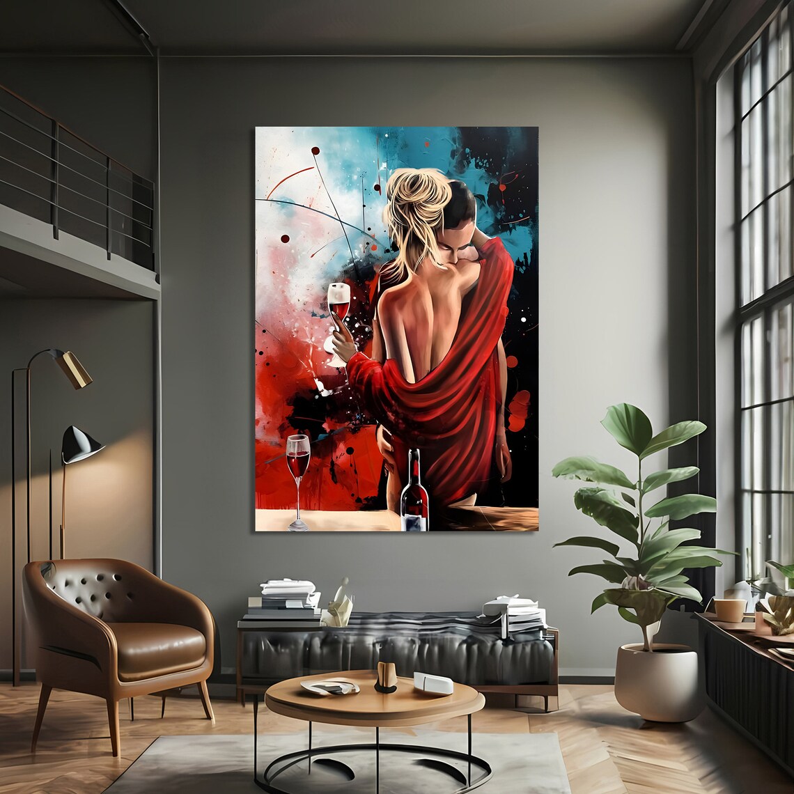 Passionate Red Embrace Lovers and Wine Art Print - Image 3