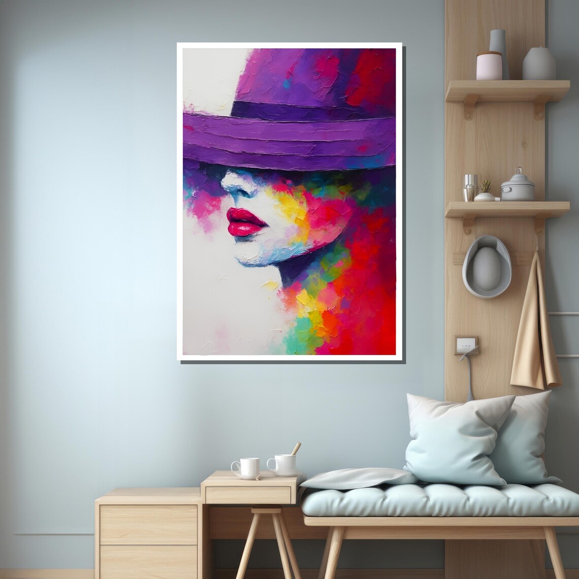 Colorful Woman With Purple Hat, Living Room Decor - Image 3