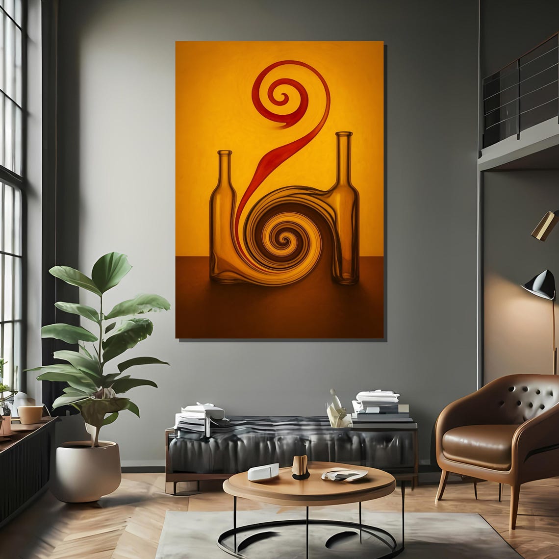 Surreal Spiral Between Bottles On Orange Background Framed Or Unframed Art Print For Bold Modern Living Room Decor - Image 2