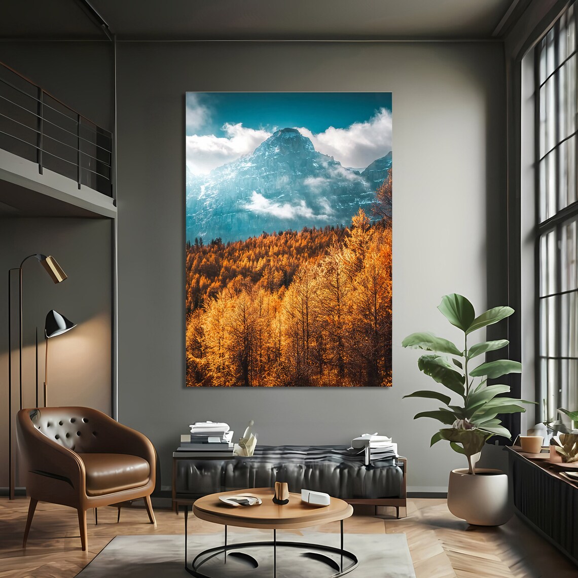 Golden Autumn Forest and Snow Capped Mountain Art Print - Image 3