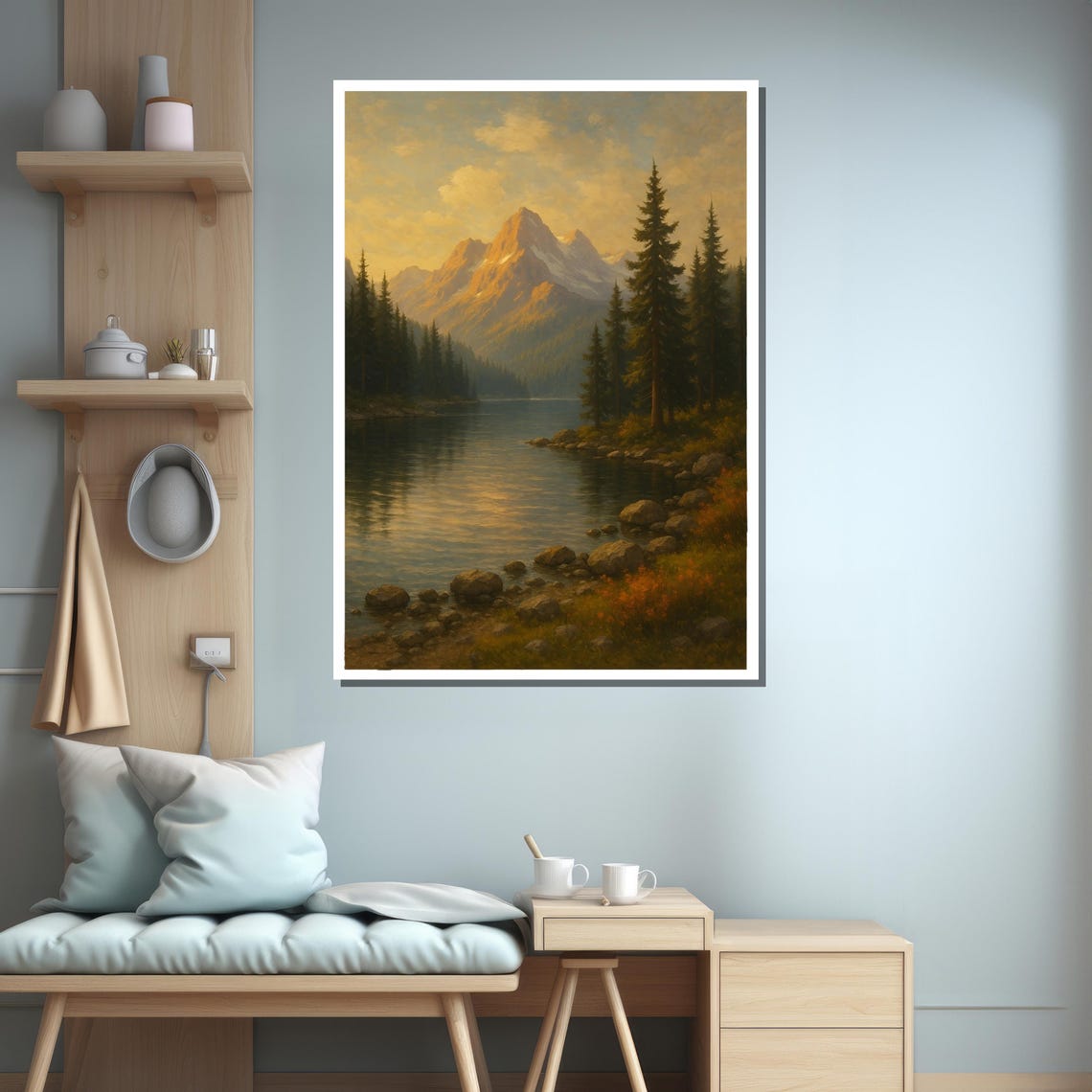 Majestic Mountain And Lake Landscape Painting Framed Black White Gold Silver Gallery Wrapped Or Rolled Art Print - Image 3