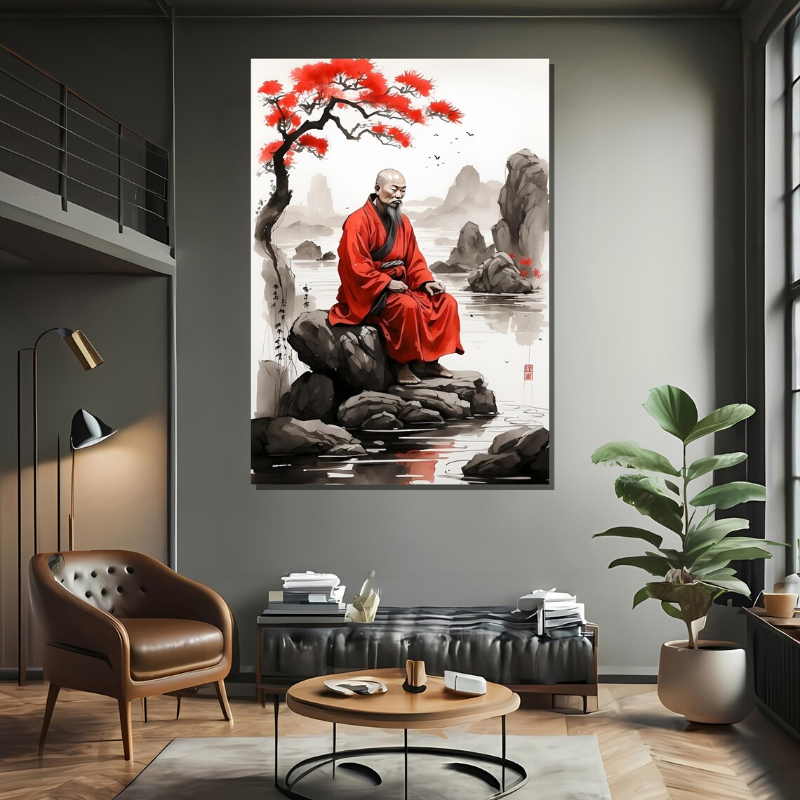 Zen Monk By Waterfall With Red Tree Art Print - Image 2