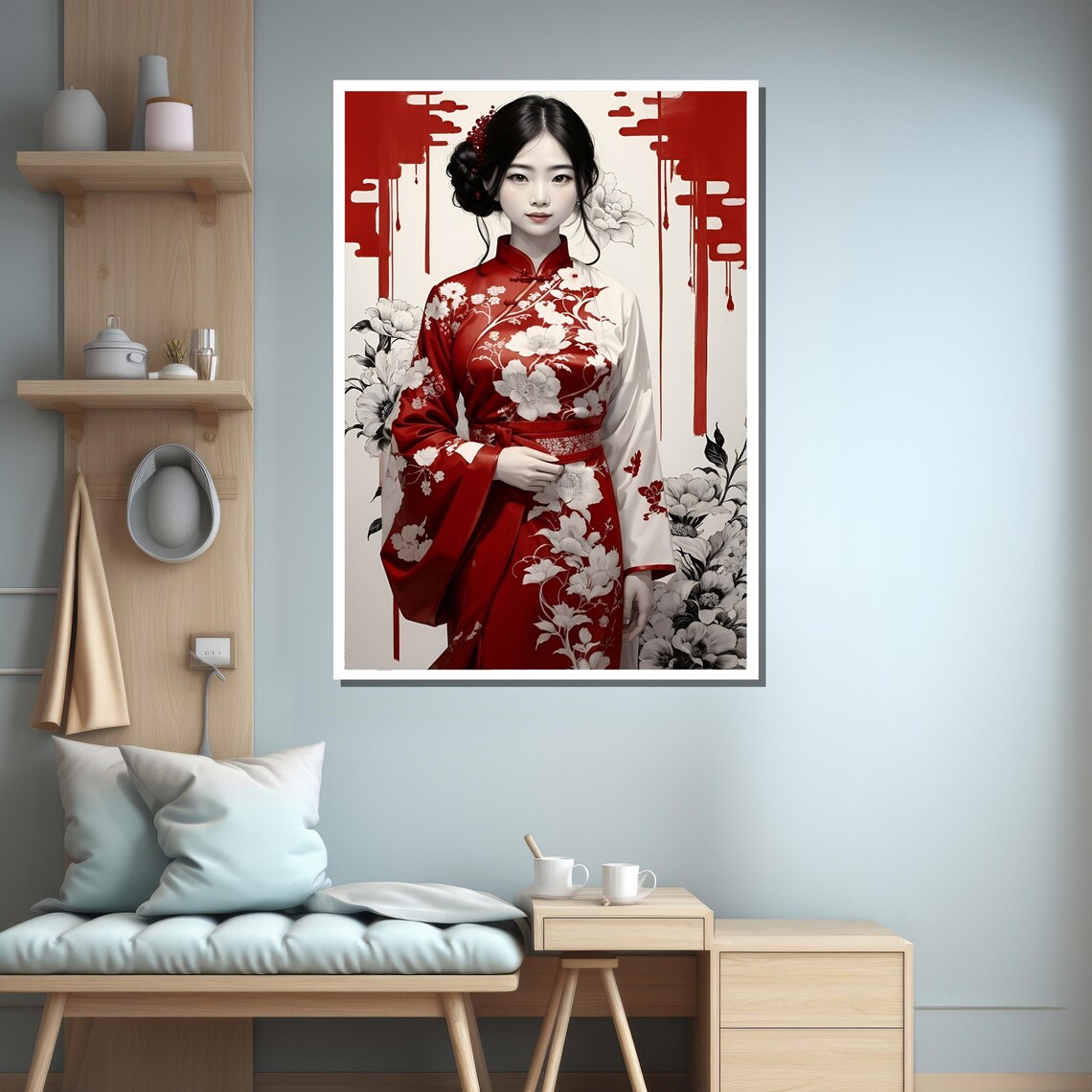 Elegant Japanese Woman in Red Kimono, Modern Decor - Image 3