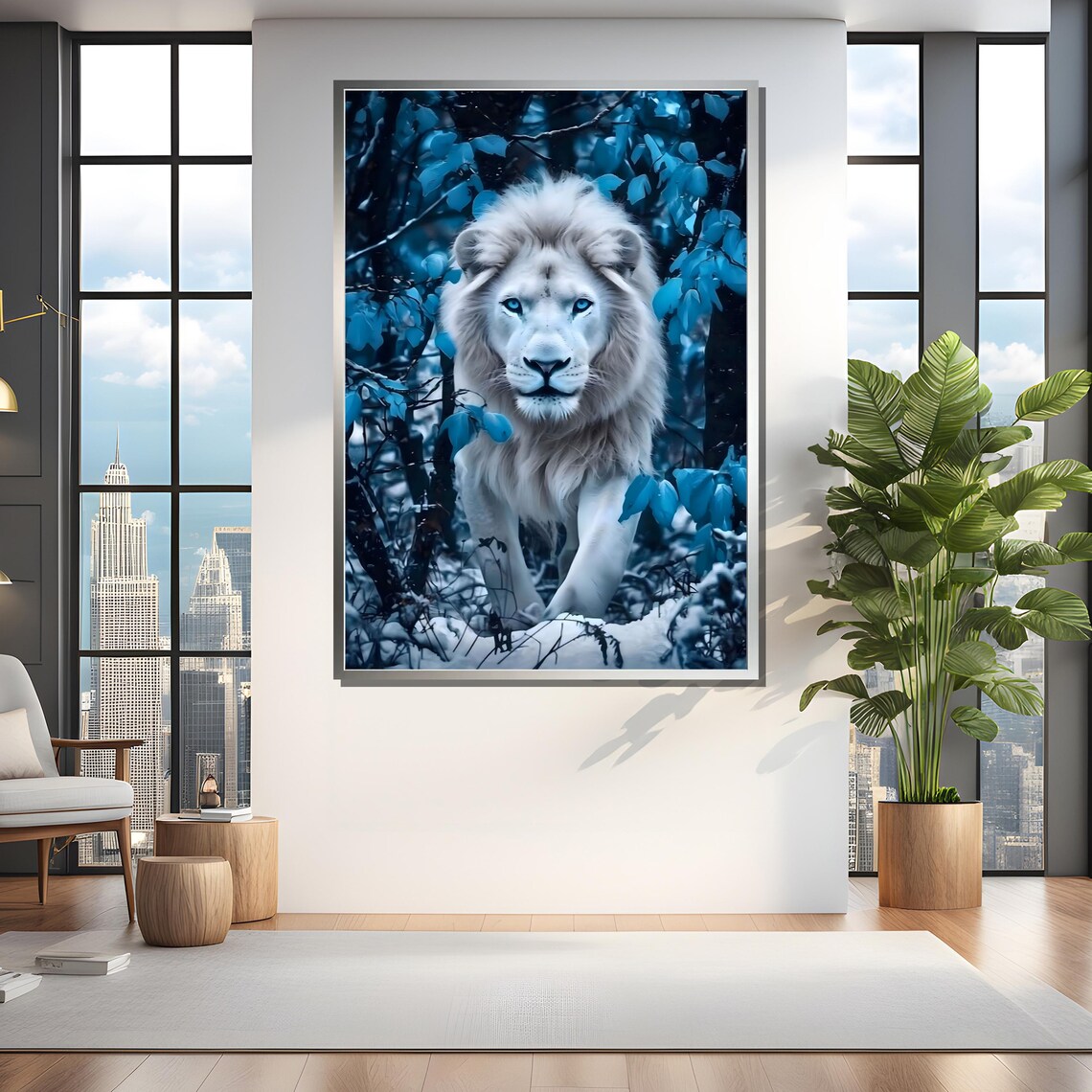 White Lion In Blue Forest Art Print - Image 4
