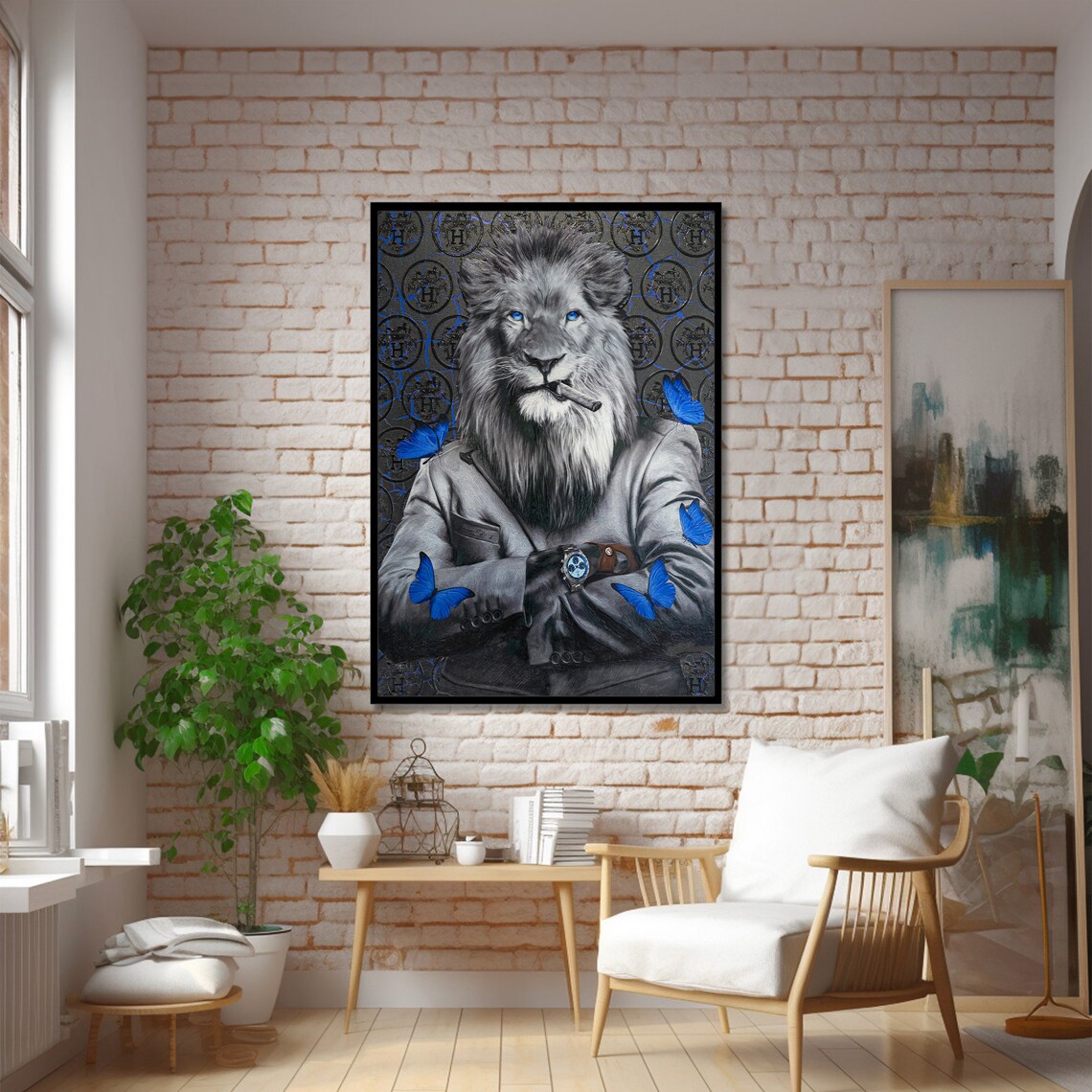 Stylish Lion With Blue Butterflies, Modern Animal Art Print - Image 4