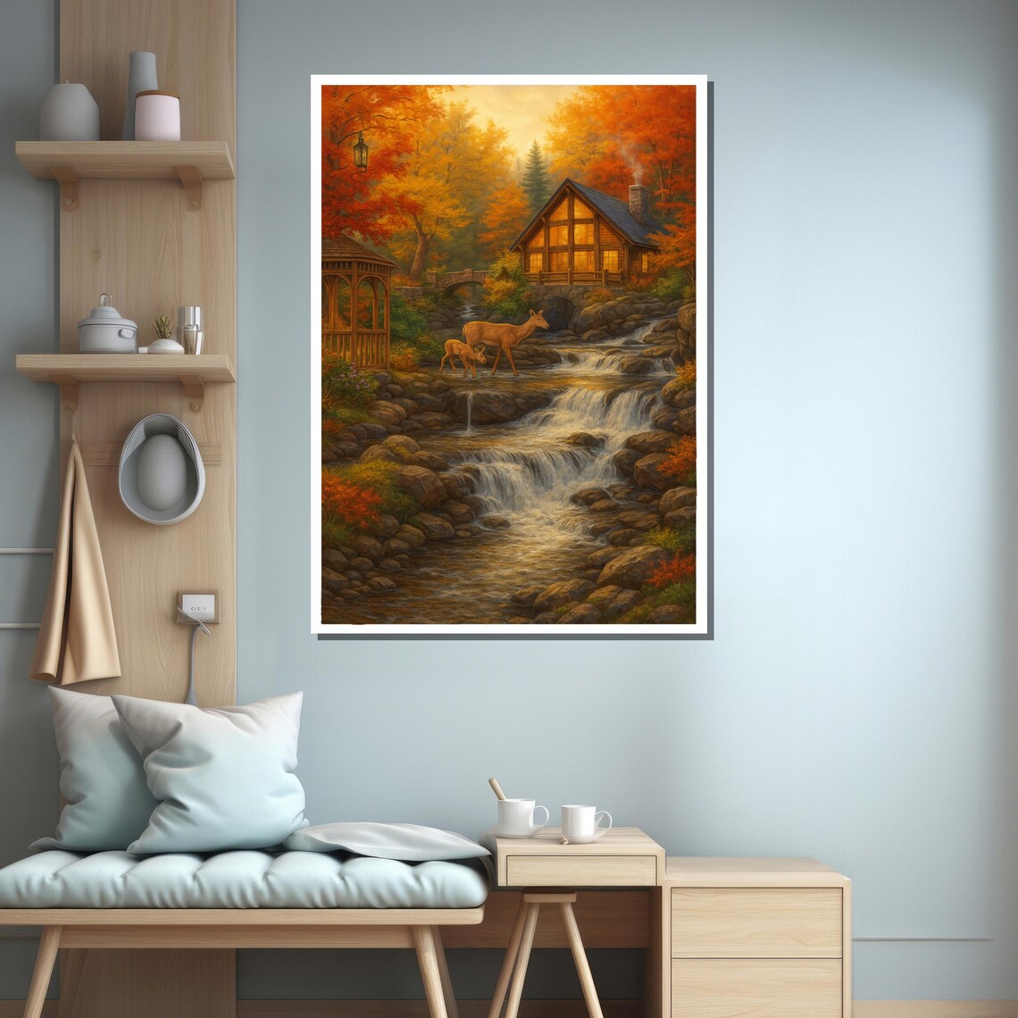 Cabin By Waterfall With Deer, Autumn Forest Art Print - Image 3