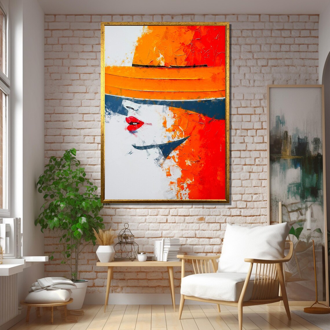Bold Abstract Woman Orange Hat Red Lips Portrait Painting Poster - Image 4