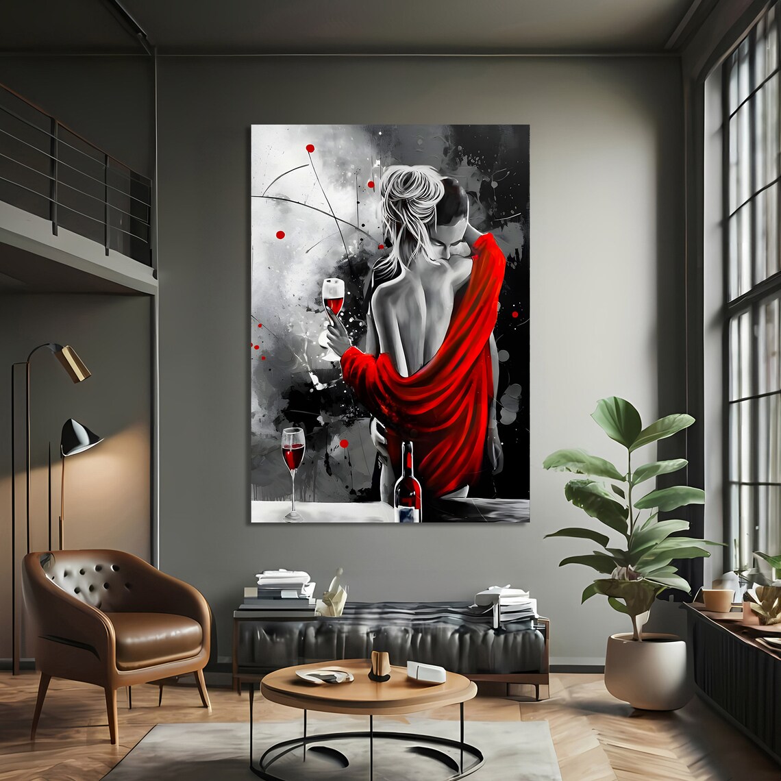 Romantic Red Embrace, Lovers With Wine Art Print - Image 3