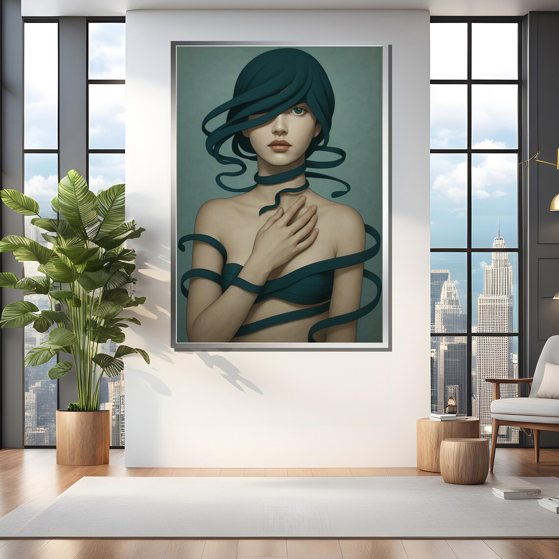 Mysterious Woman Wrapped in Teal Ribbons Surreal Portrait Poster - Image 4
