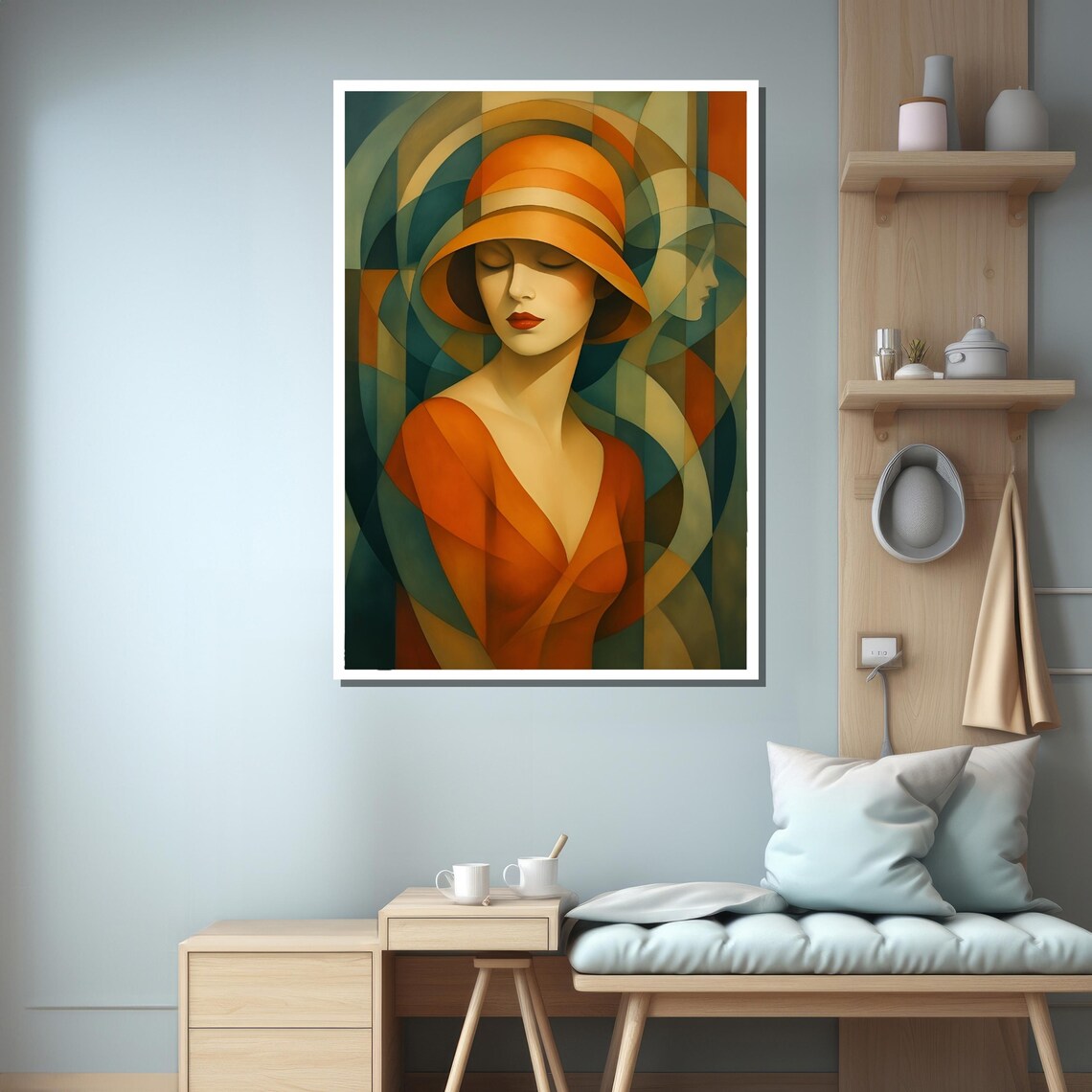 Art Deco Woman in Orange Hat Geometric Portrait Painting Poster - Image 3