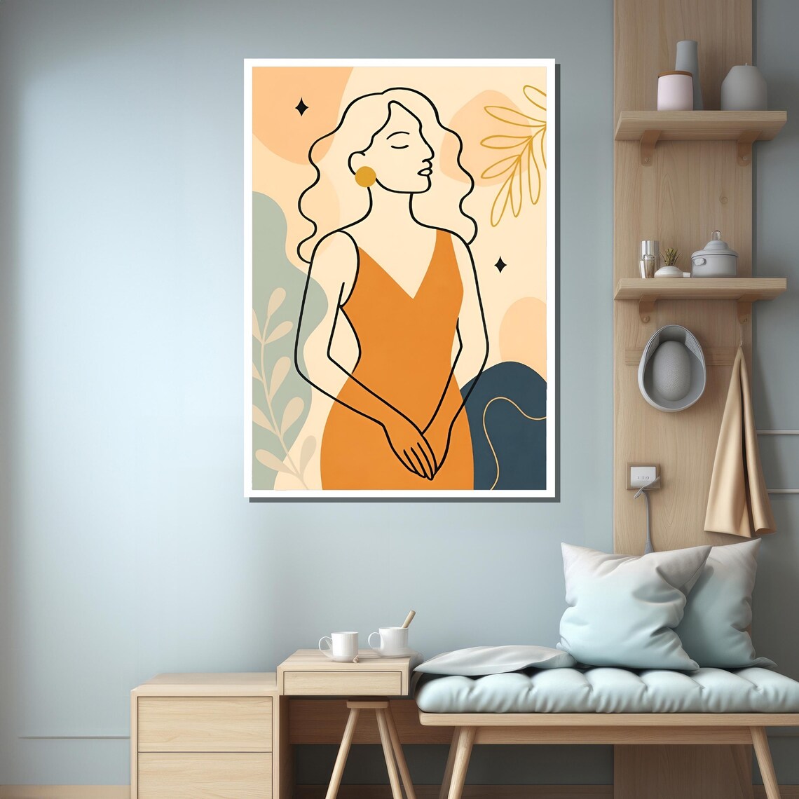 Minimalist Line Art Woman in Orange Dress Boho Abstract Poster - Image 3
