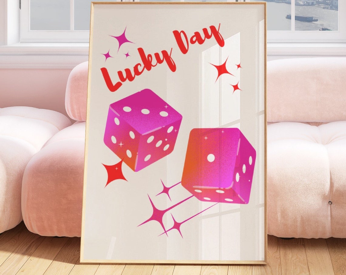 Lucky Day Pink Dice Retro Poster Red Script Sparkle Preppy Aesthetic - Image 3