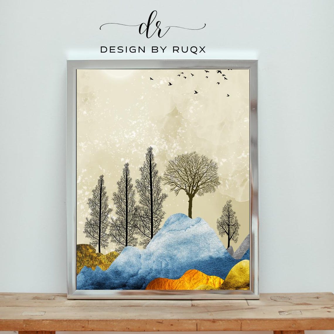 Minimalist Mountain Landscape Poster Blue Gold Boho Nature Tree Art