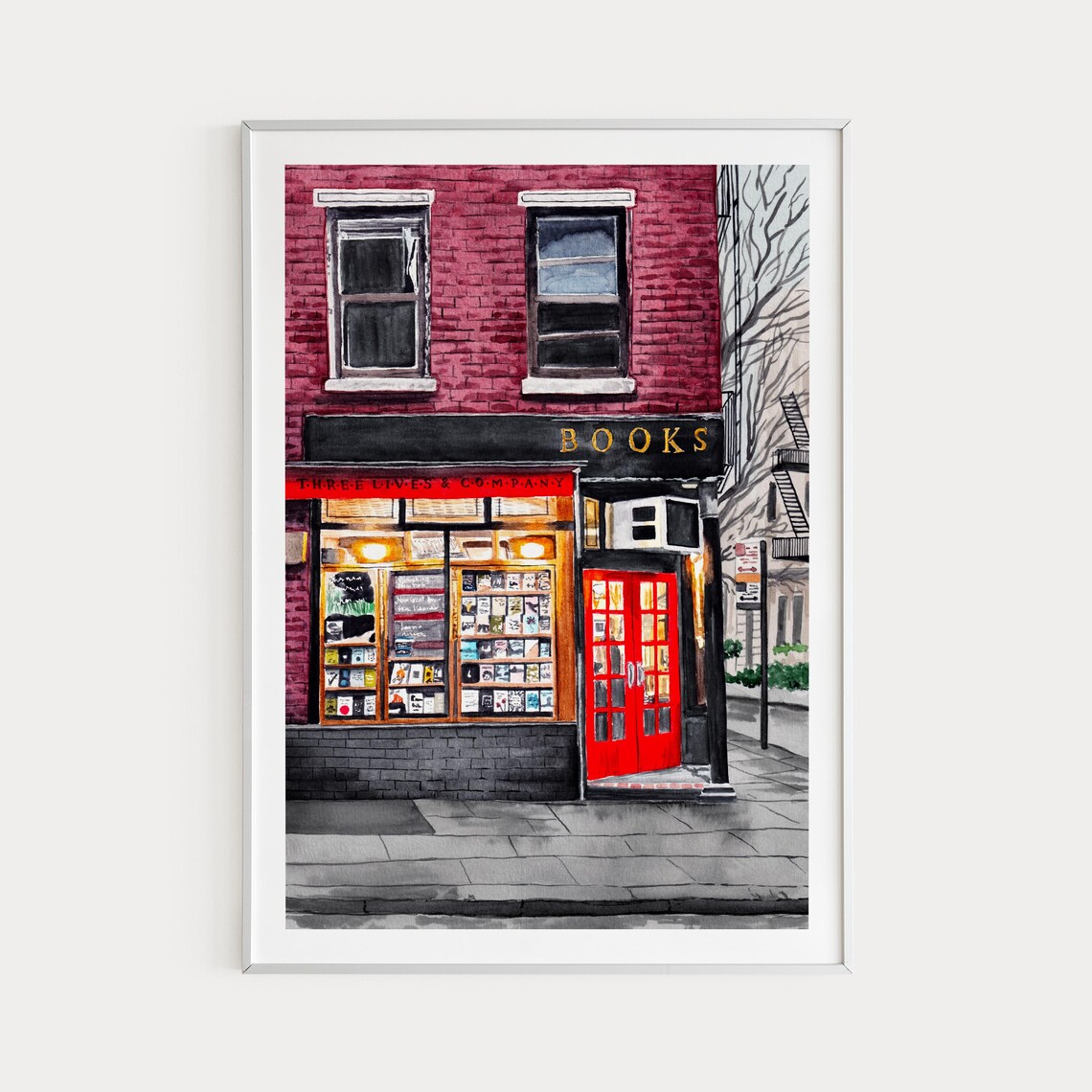 New York Bookshop Watercolor Art Print, Travel Gift