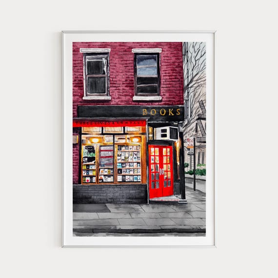 New York Bookshop Watercolor Art Print, Travel Gift