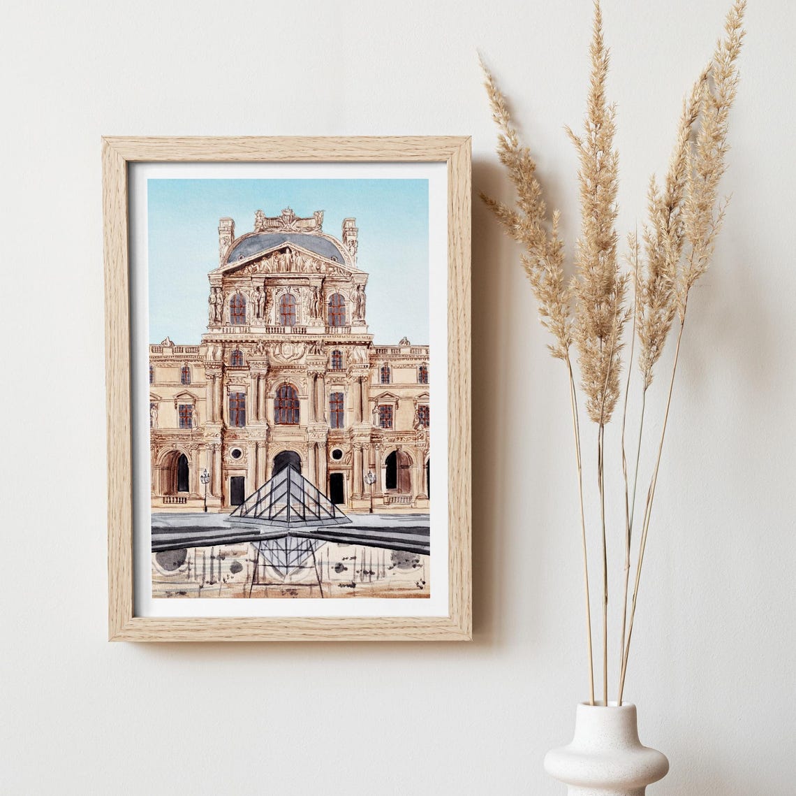 Louvre Museum Paris Glass Pyramid Reflection Watercolor Poster - Image 2