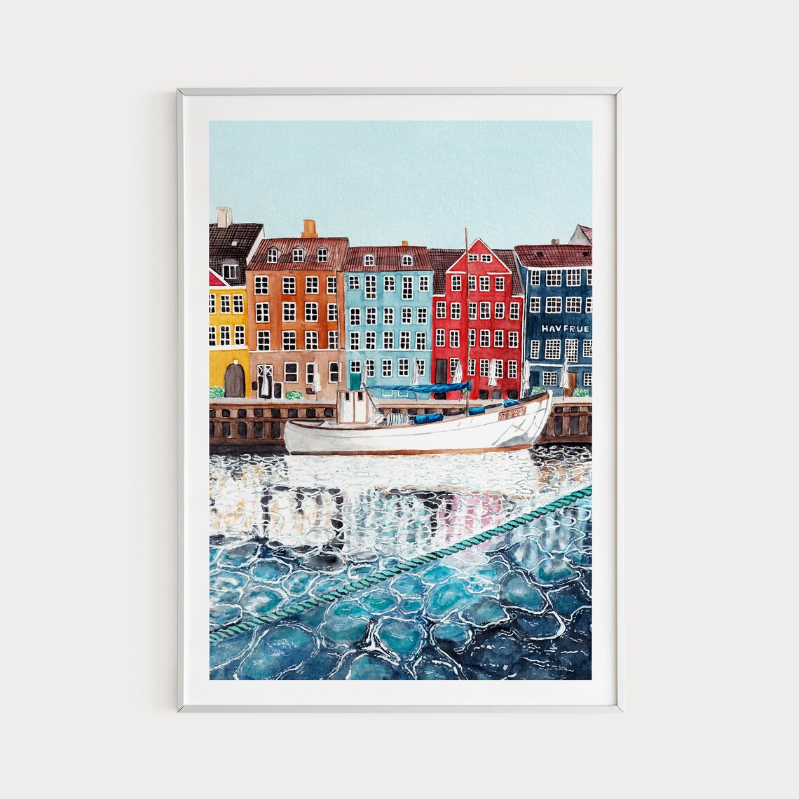 Copenhagen Watercolor Travel Poster, Denmark Cityscape