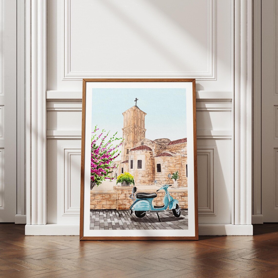 Larnaca Cyprus Watercolor Church Bell Tower Blue Scooter Poster - Image 3