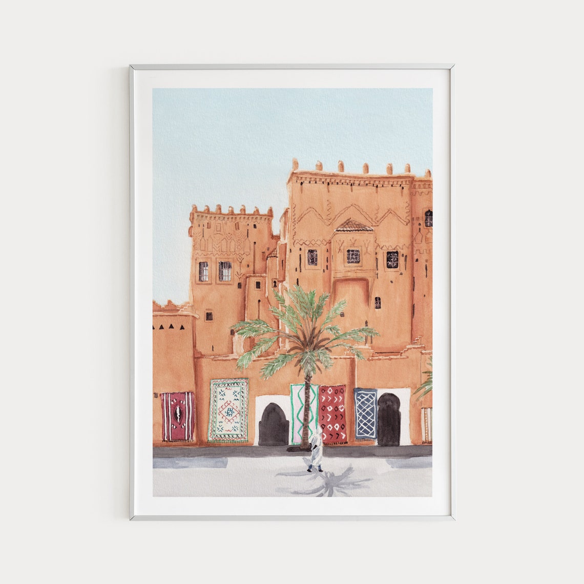 Ouarzazate Kasbah Adobe Palace Berber Rugs Morocco Watercolor Poster