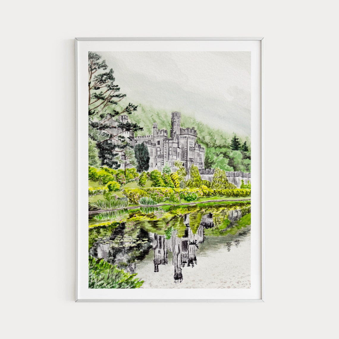 Kylemore Abbey Ireland Lake Reflection Mist Watercolor Poster