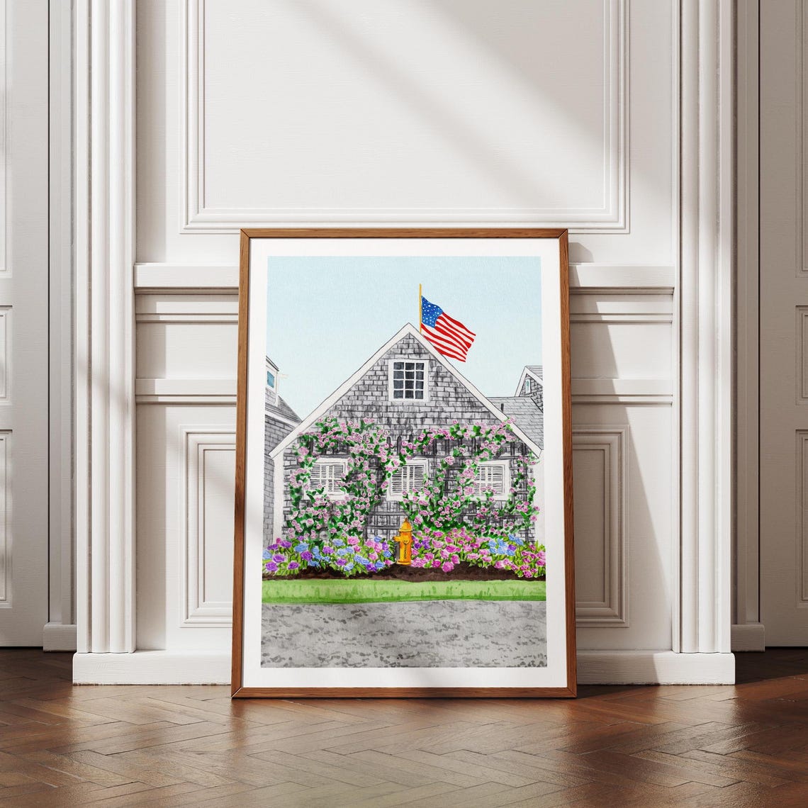 Nantucket Grey Shingle House Roses Yellow Hydrant Flag Poster - Image 3
