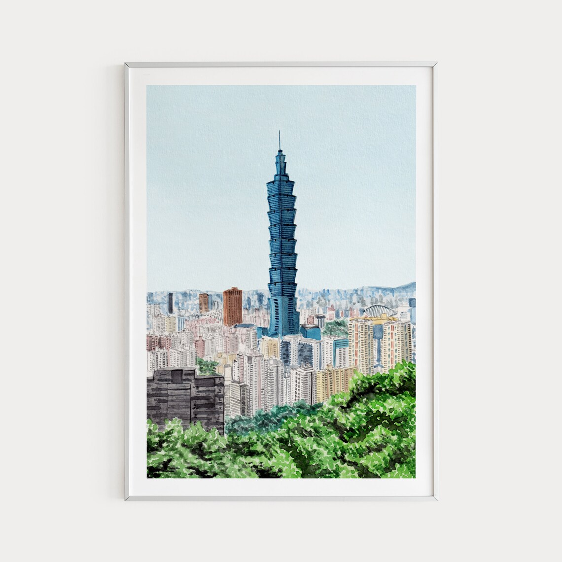 Taipei Watercolor Skyline Travel Poster, Taiwan Decor