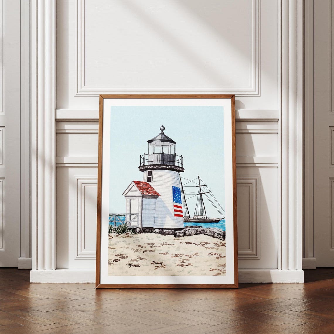 Brant Point Lighthouse Nantucket Tall Ship Watercolor Poster - Image 3