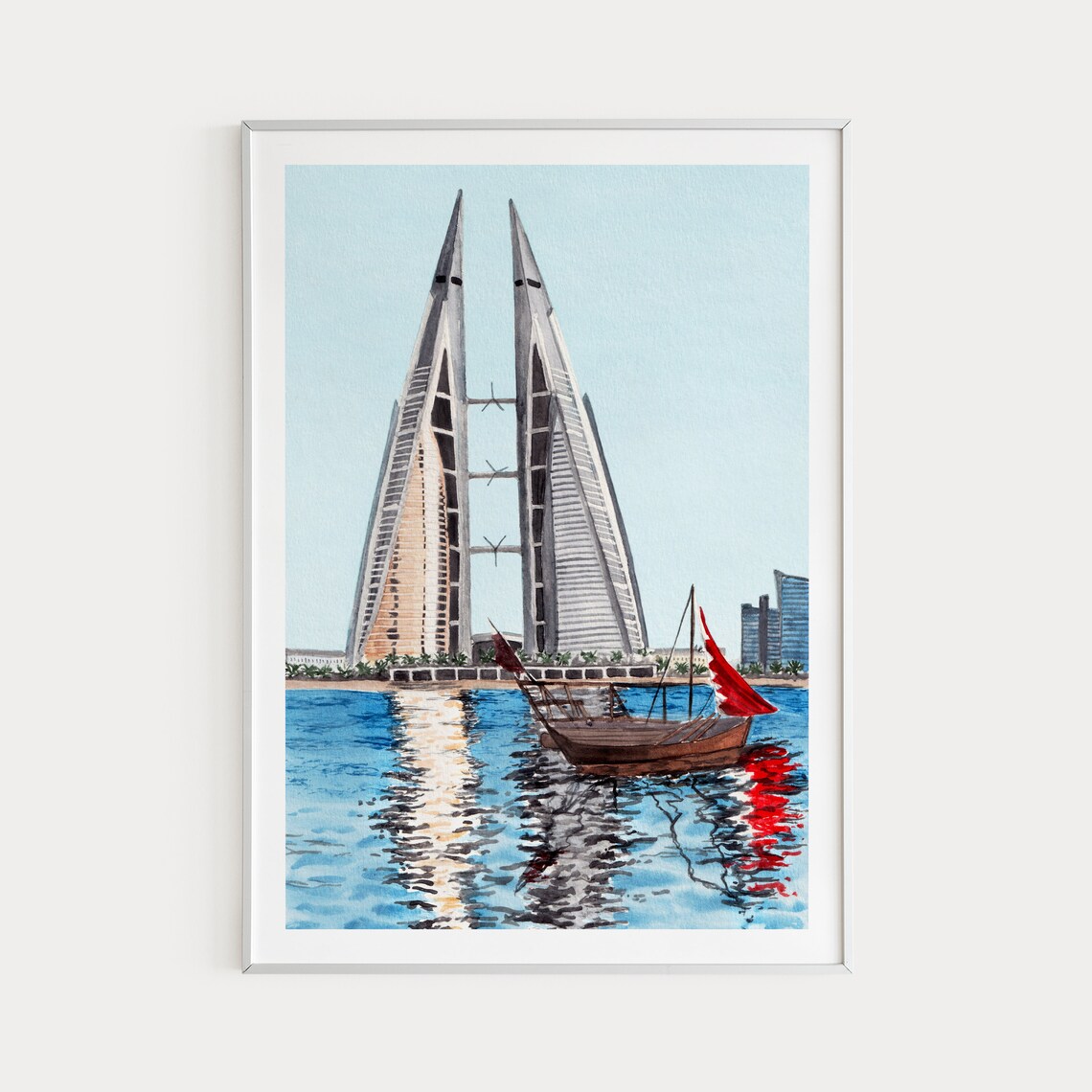 Manama Bahrain World Trade Center Twin Towers Watercolor Poster
