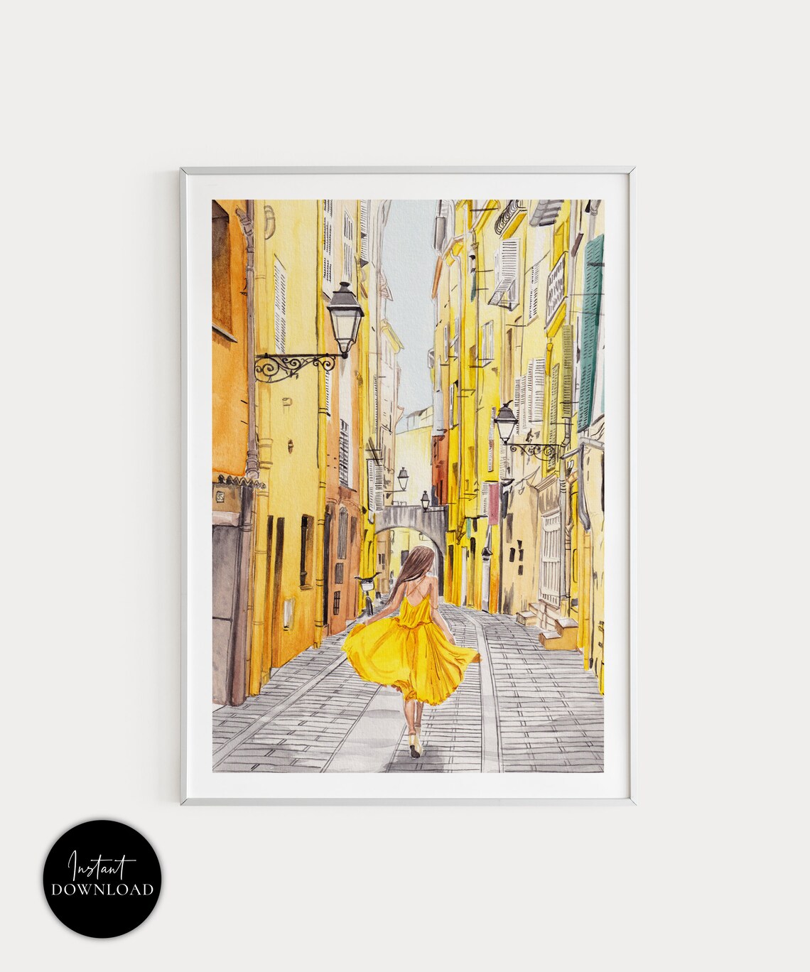 Woman in Yellow Dress French Riviera Old Town Street Art Poster
