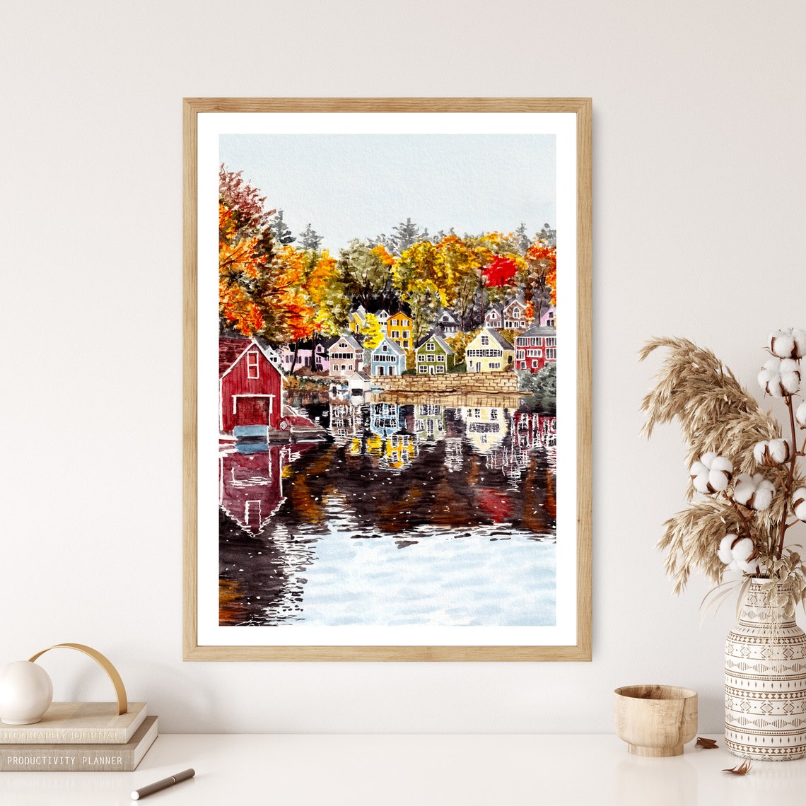 Alton Bay Lake Winnipesaukee Fall Village Reflection Watercolor Poster - Image 2