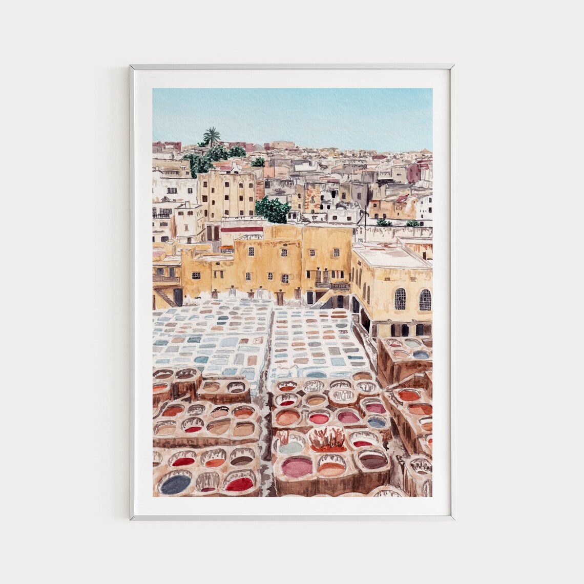 Fez Tannery Watercolor Travel Poster, Morocco Art