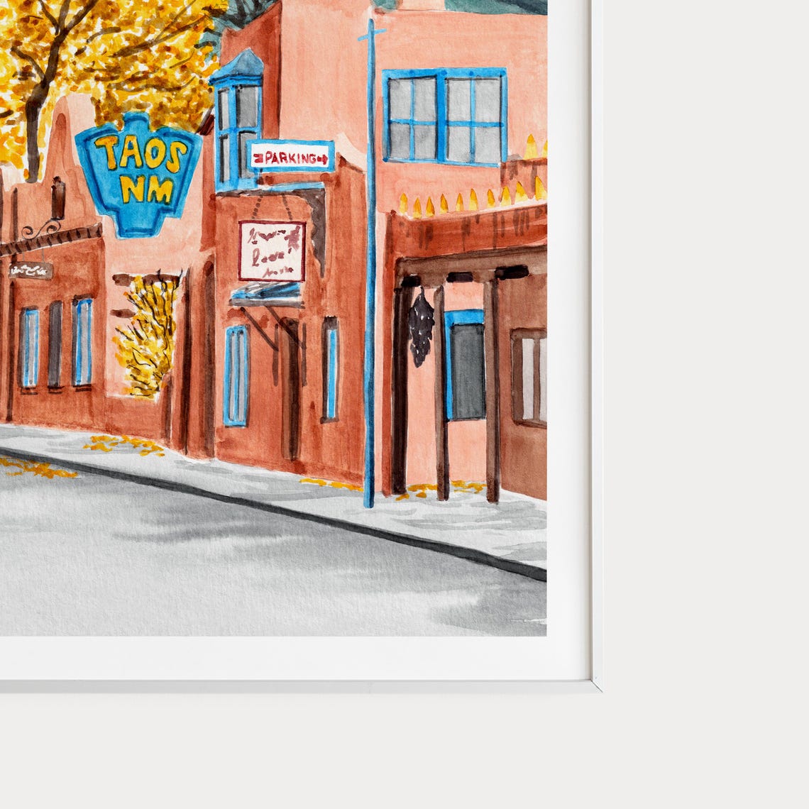 Taos New Mexico Adobe Street Golden Cottonwood Mountain View Poster - Image 2